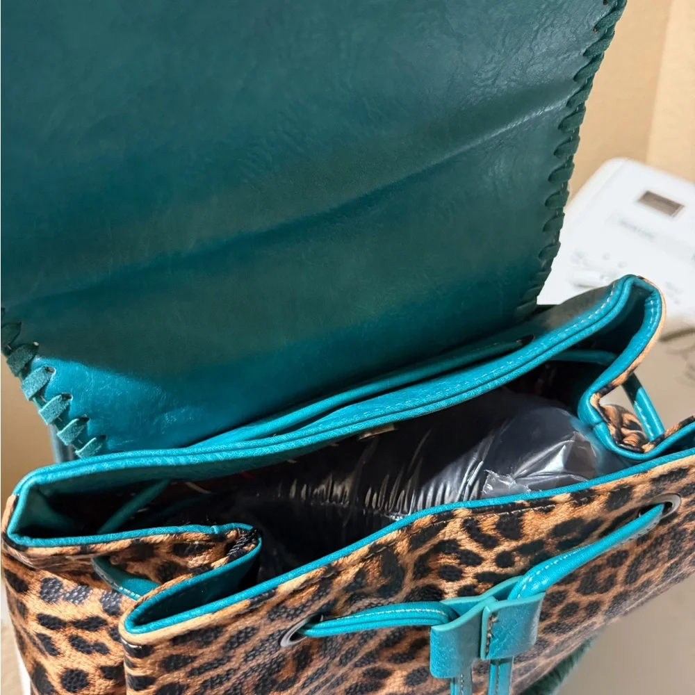 Montana West Turquoise Floral Tooled Leather & Leopard Print Backpack